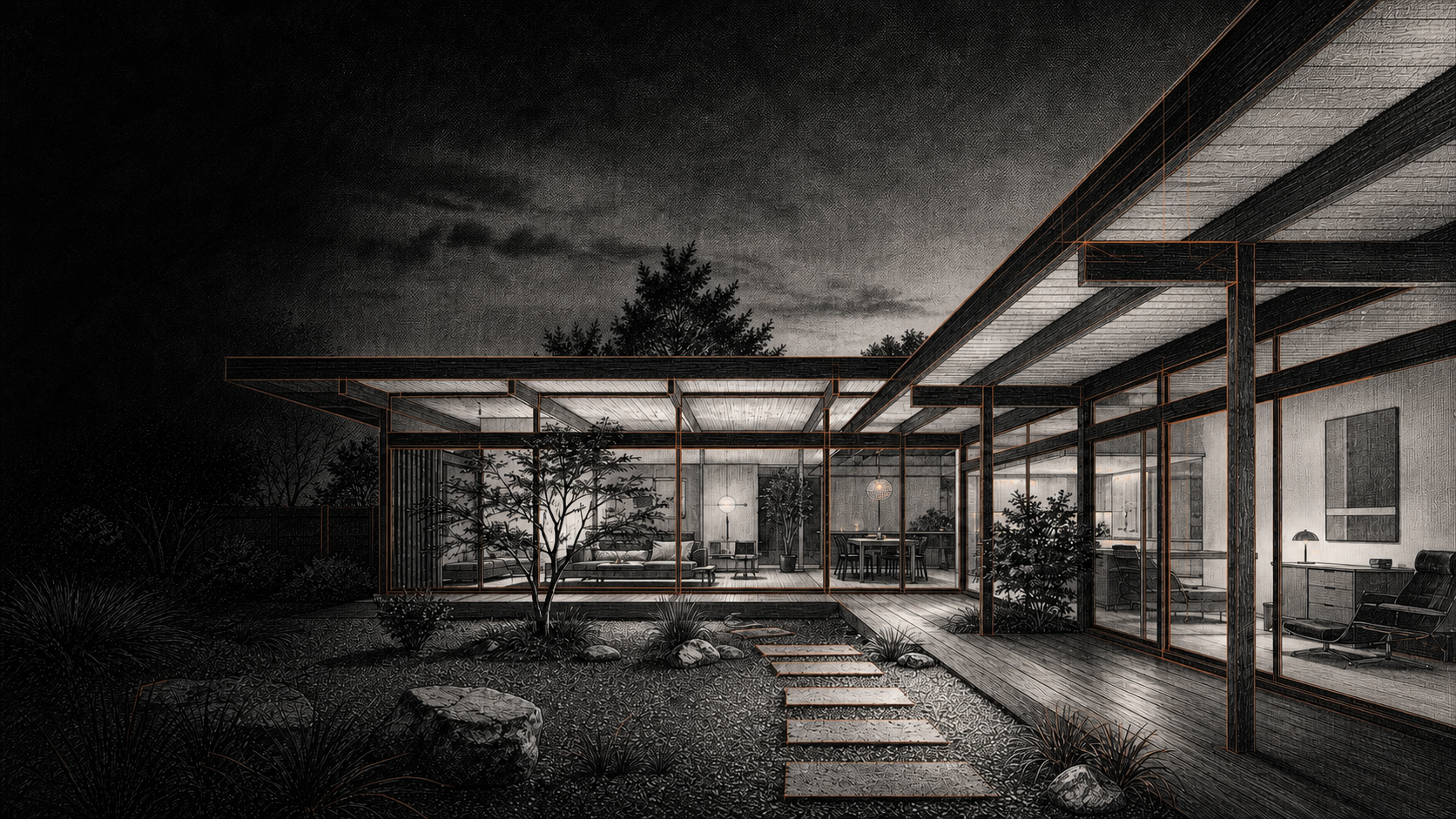 Black-and-white Eichler home with orange structural lines